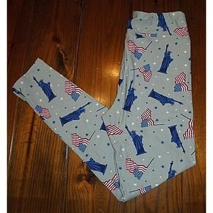 LuLaRoe Leggings OS One Size Americana Patriotic Flag Statue of Liberty Gray NWT